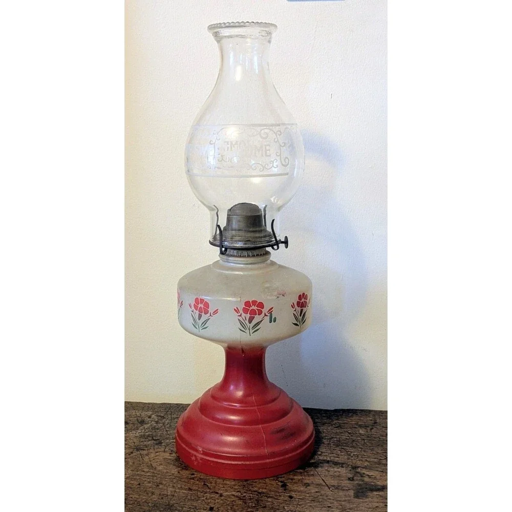 Vintage Red Frosted Glass Kerosene Oil Lamp Cold Painted Floral with Chimney 18